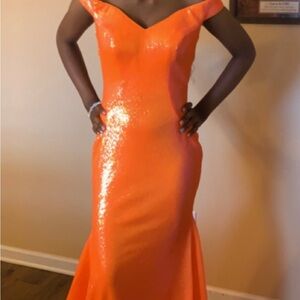 Vibrant Orange Off-Shoulder Sequin Gown